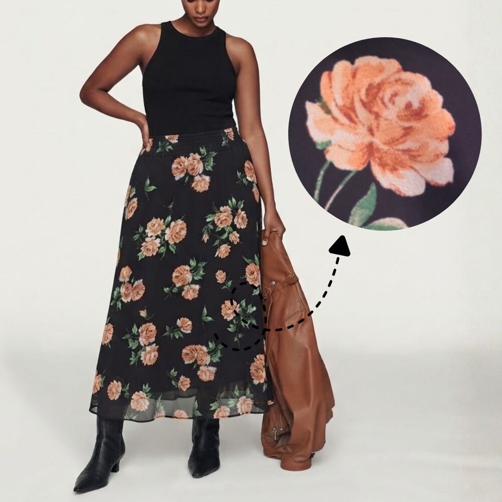 Old Navy Maxi Skirt Womens XL Black Floral Chiffon Lined Elastic Waist Romantic